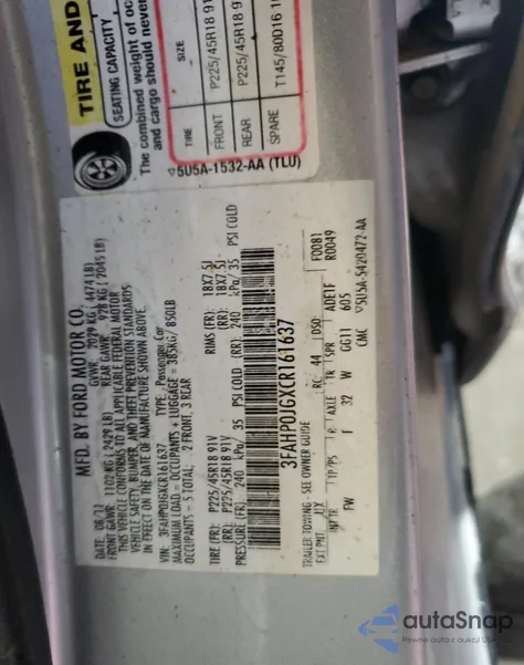 2012 Ford Fusion Sel из США, поврежденный, VIN 3FAHP0JGXCR161637